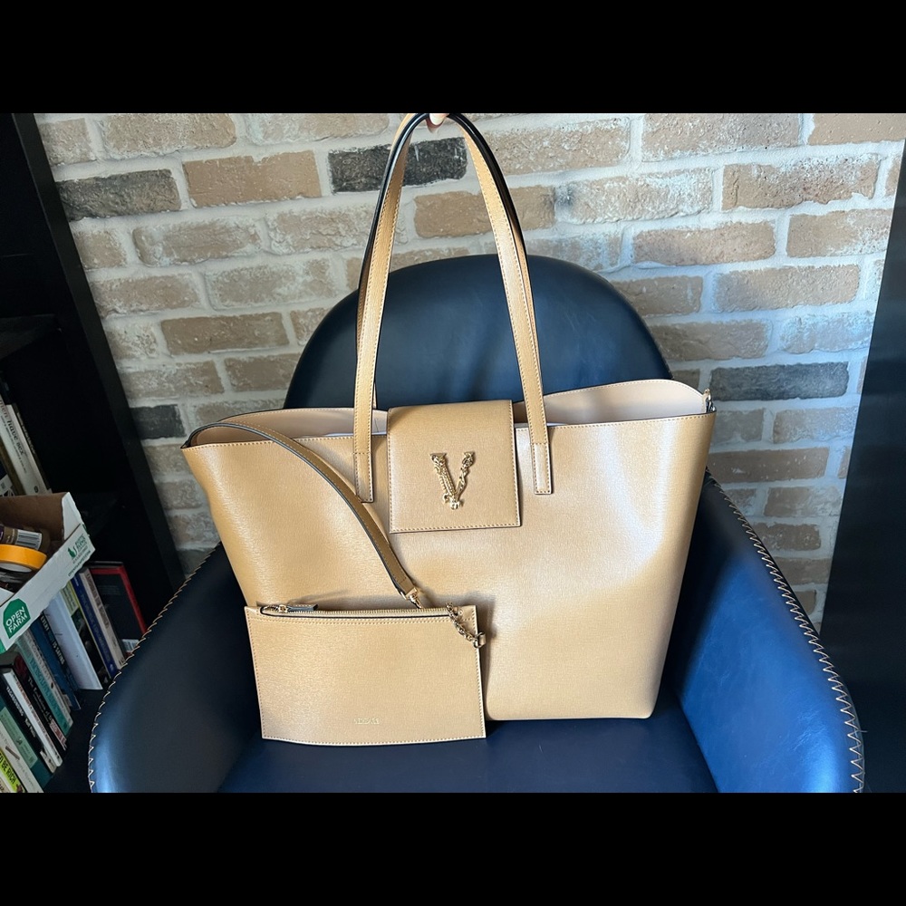 VERSACE Virtus Brown Saffiano Leather Tote
